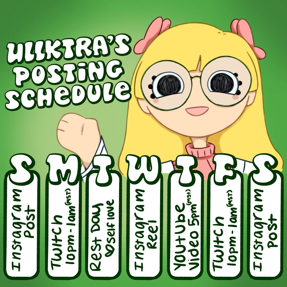 ullktra's tweet image. starting July 6, this will be my new posting schedule! between posting and streaming multiple days a week, I will be interacting with everybody and trying to grow my community! Hope to see you there ❤️