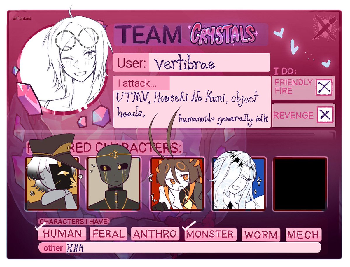 gonna try my hardest to commit to art fight this year but i literally move during that month so whatever happens happens

this is my link tho hehe artfight.net/~vertibrae

#artfight #oc
