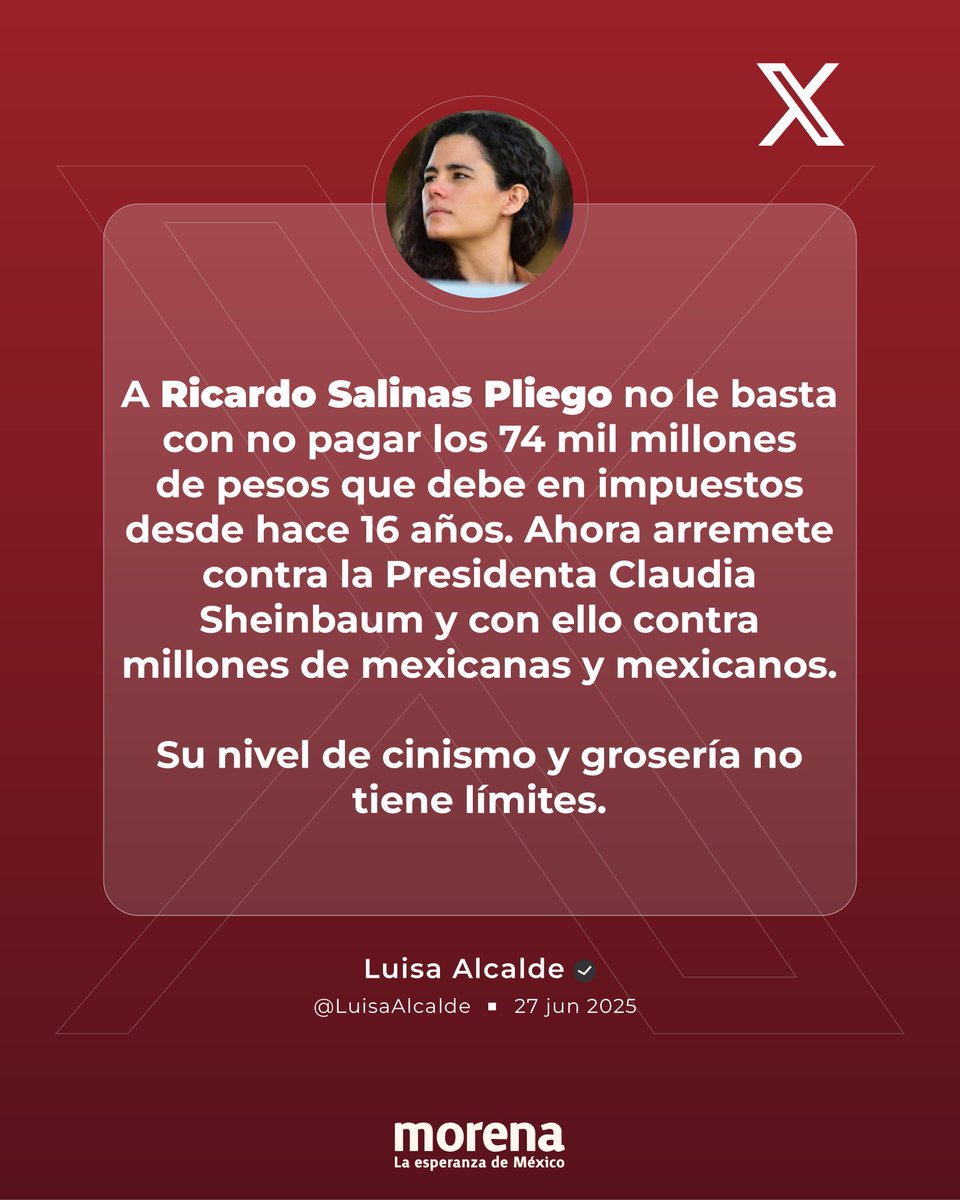 ¡El cinismo de <a href="/RicardoBSalinas/">Don Ricardo Salinas Pliego</a> no tiene límites!

No sólo debe 16 años de impuestos escudado en amparos judiciales, ahora arremete contra nuestra Presidenta <a href="/Claudiashein/">Claudia Sheinbaum Pardo</a> y contra el pueblo de México, sin el menor pudor.