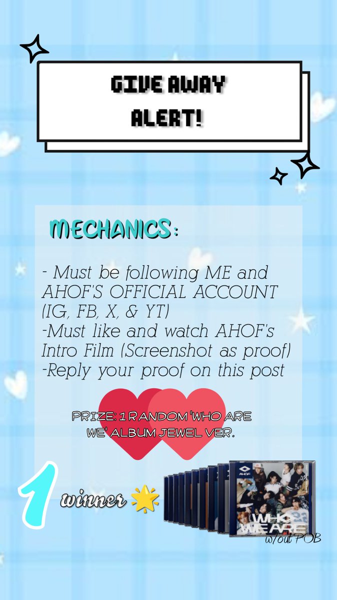 Hi guys! I will be giving away 1 AHOF Album w/o POB.

Mechanics:
- MBF Me and AHOF'S OFFICIAL ACCOUNT (IG, X, FB and YT)
- Must stream and like Ahof's intro film on YT (SS for proof)
- Reply your proof here.

Deadline: Until I received the album

#AHOF #아홉
<a href="/AHOF_official/">AHOF</a>