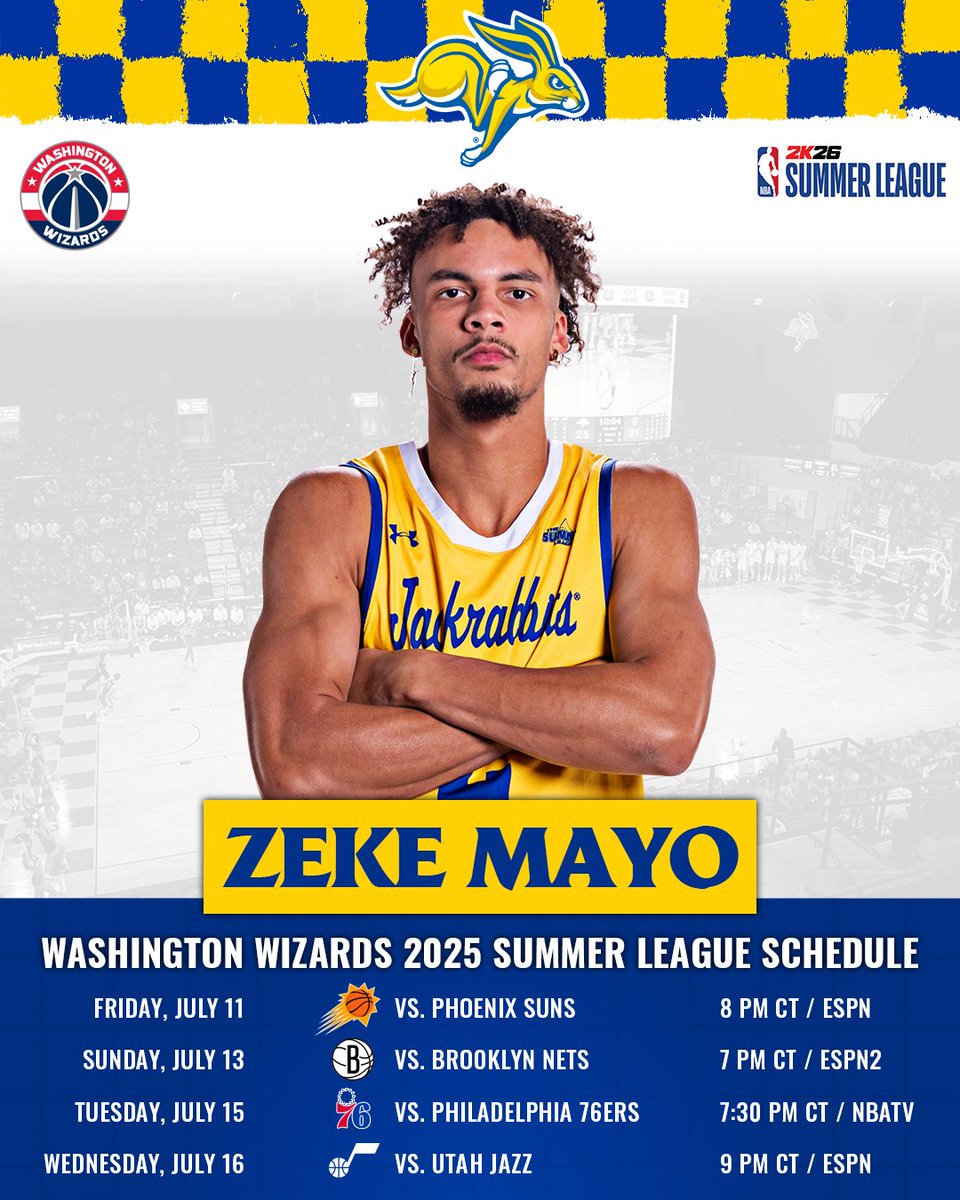 Jackrabbit Menโs Basketball (@gojacksmbb) on Twitter photo Add another to our #ProJacks ๐
Former Jackrabbit <a href="/zekexmayo/">Zeke Mayo</a> has signed with the <a href="/WashWizards/">Washington Wizards</a> & will play on their <a href="/NBASummerLeague/">NBA Summer League</a> squad this July.
#GoJacks ๐ฐ Add another to our #ProJacks ๐
Former Jackrabbit <a href="/zekexmayo/">Zeke Mayo</a> has signed with the <a href="/WashWizards/">Washington Wizards</a> & will play on their <a href="/NBASummerLeague/">NBA Summer League</a> squad this July.
#GoJacks ๐ฐ
