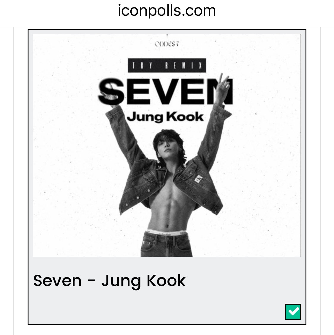 Widen the gap, let’s keep going

I vote Jungkook Seven for best kpop song of all time #bksoat @iconpolls

iconpolls.com/poll/vote-best…