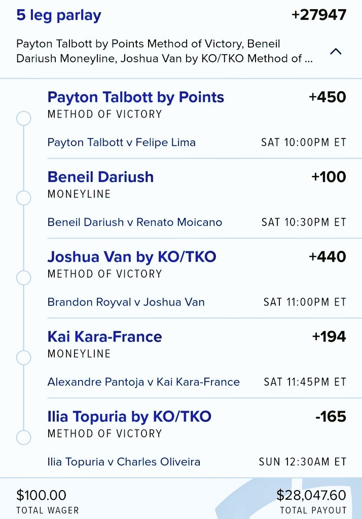 #UFC317 Main Card Parlay 🤑 

$100  ------&gt;  $28,047

You in...???

Now boarding.....

🚉💰