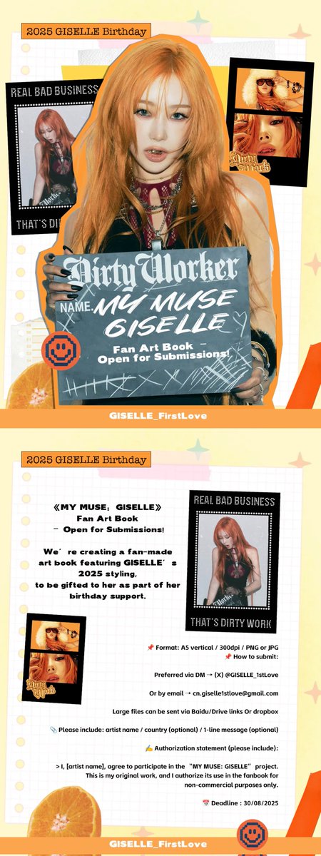 GISELLE_1stLove's tweet image. 🎨《MY MUSE : GISELLE》 Fan Art Book – Open for Submissions!
We’re creating a fan-made art book featuring GISELLE’s 2025 styling,
to be gifted to her as part of her birthday support.
📌 Format: A5 vertical / 300dpi / PNG or JPG
📌 How to submit:
Preferred via DM →
(X)…