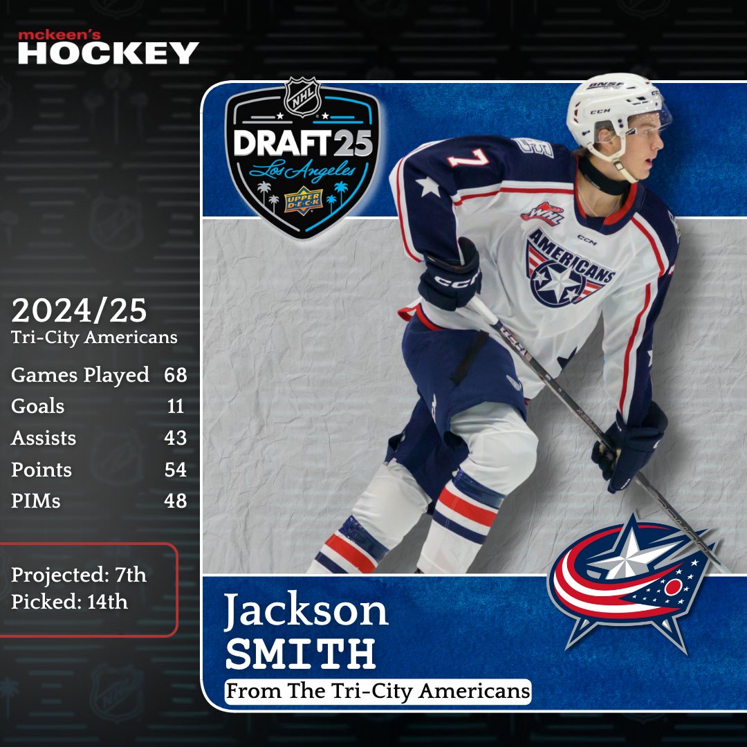 McKeen's Hockey (@mckeenshockey) on Twitter photo 2025 NHL DRAFT DAY - Jackson Smith - Selected as #14 pick by the Columbus Blue Jacket.
Read our scouting report by <a href="/Derek_N_NHL/">Derek Neumeier</a>Â
📢FREE TO READ FOR TODAY
f.mtr.cool/sipsrhmszr
#2025NHLDraft #HockeyProspects #McKeensHockey 2025 NHL DRAFT DAY - Jackson Smith - Selected as #14 pick by the Columbus Blue Jacket.
Read our scouting report by <a href="/Derek_N_NHL/">Derek Neumeier</a>Â
📢FREE TO READ FOR TODAY
f.mtr.cool/sipsrhmszr
#2025NHLDraft #HockeyProspects #McKeensHockey