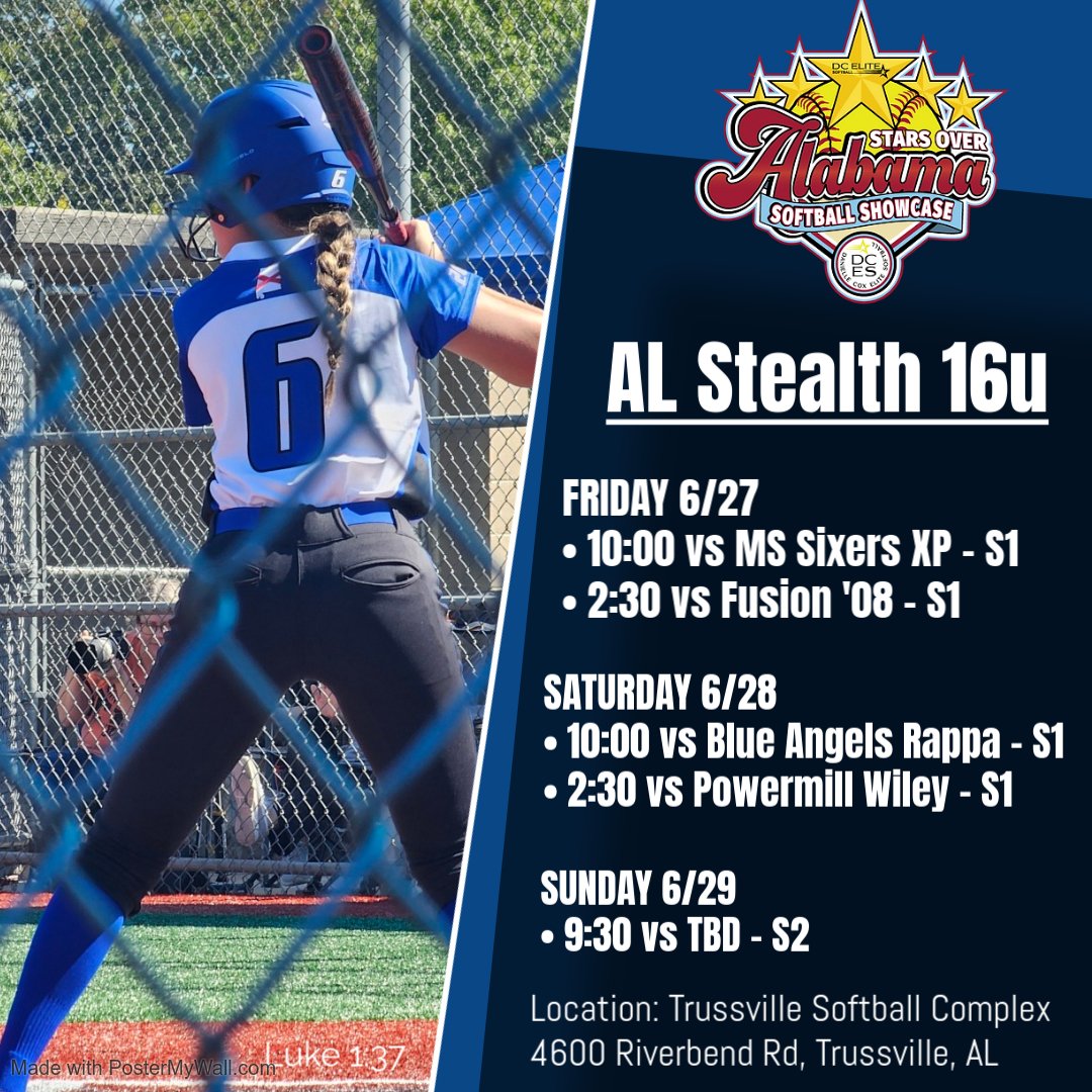 I had an awesome time at the @DCEliteSoftbal #StarsOverAlabama camp!
I'm excited for Day 2 &amp; 3 of the tournament with my team <a href="/AlabamaStealth/">Alabama Stealth</a>!
Schedule below!!
<a href="/AUMWarhawksSB/">🥎AUM Softball</a> <a href="/coastalsouthsb/">Coastal South Coyotes Softball</a> <a href="/zhart18/">Zach Hart</a> <a href="/AlabamaSB/">Alabama Softball</a> <a href="/SouthAlabamaSB/">South Alabama Softball 🥎</a>
<a href="/Mmitigerssoftba/">MMI Softball</a> <a href="/megdcurry/">Megan Dowdy Curry</a> <a href="/GregShivers/">Greg Shivers</a>