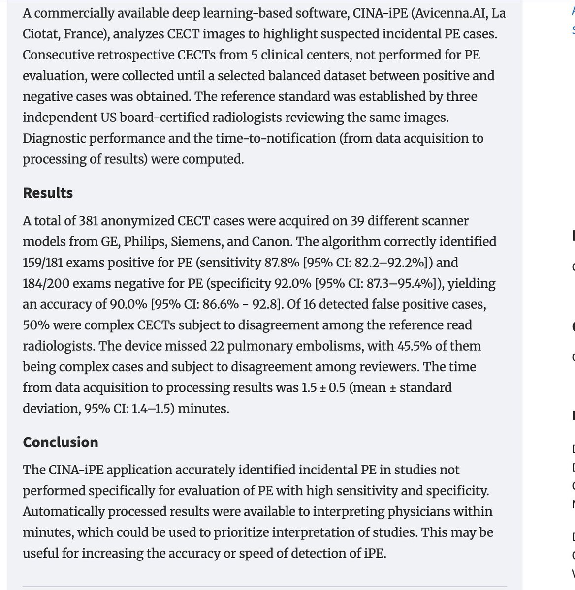 Thrilled to share our paper, published in Radiology Advances Journal (RSNA)!
We developed a deep learning algorithm for detecting incidental pulmonary embolism on CT, validated across multiple centers and scanner types. 
Proud to have worked with an incredible team!