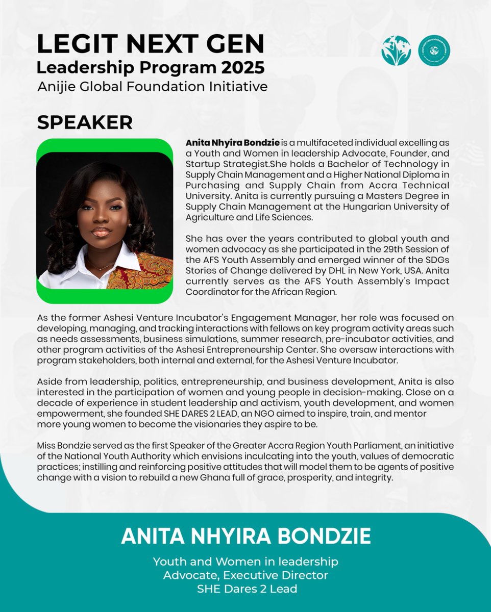 AnijieGlobal's tweet image. We begin our first session of LEGIT Next Gen Leadership Program with Anita Nhyira Bondzie - Founder of SHE Dares 2 Lead
Topic: "Discovering Your Leadership Identity: Personal Growth for Community Impact"
โจ Exclusive for our #LEGITLeaders โจ
#LegitNGL #AnijieGlobalFoundation
