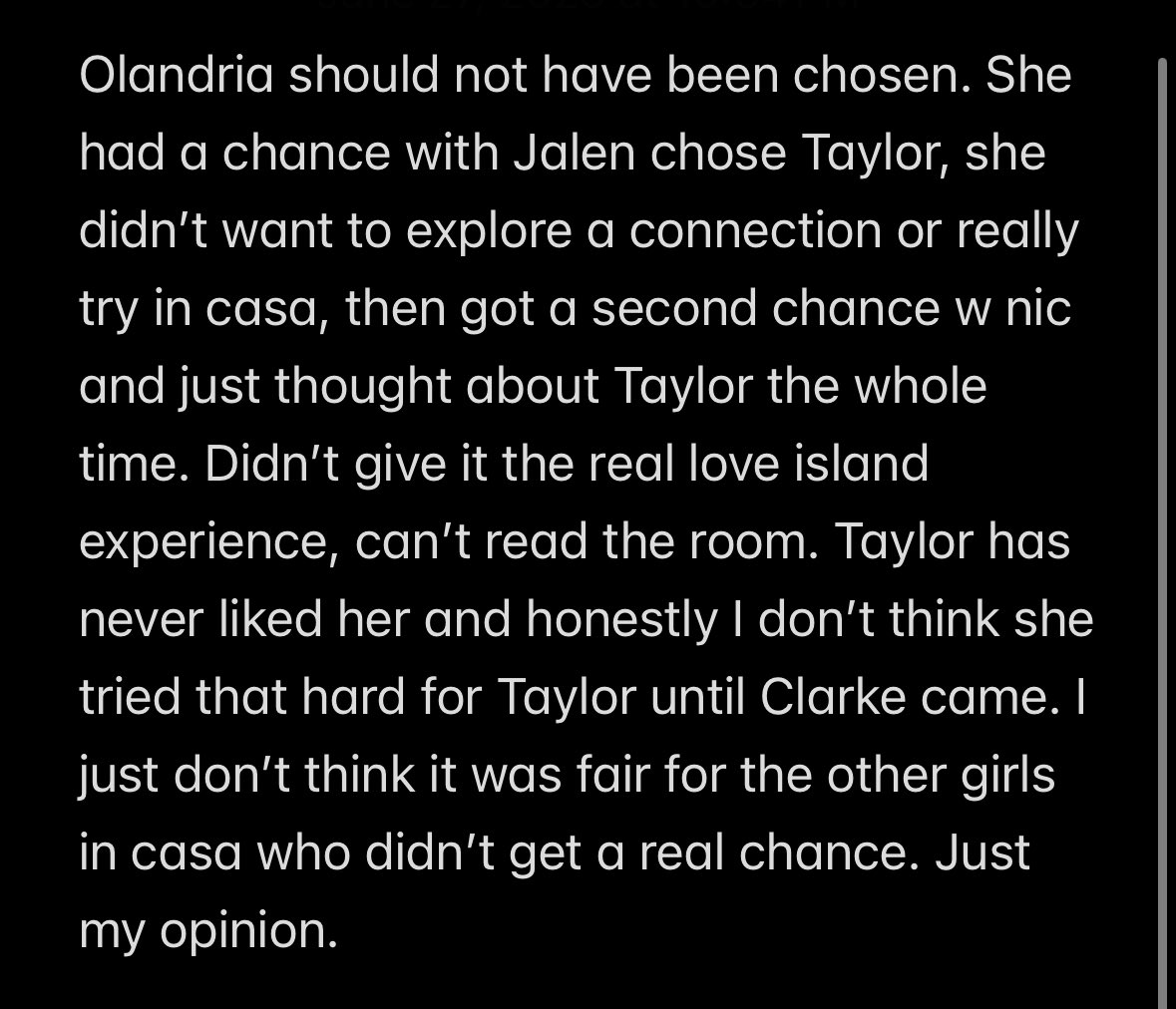 kate_oconn's tweet photo. Love island USA 
OLANDRIA SHOULD HAVE GONE HOME, too many chances. Just like the reason Hannah got voted off “she was lucky to have had the love island experience and make connections”!!!!!! https://t.co/4Ere2KPcTg
