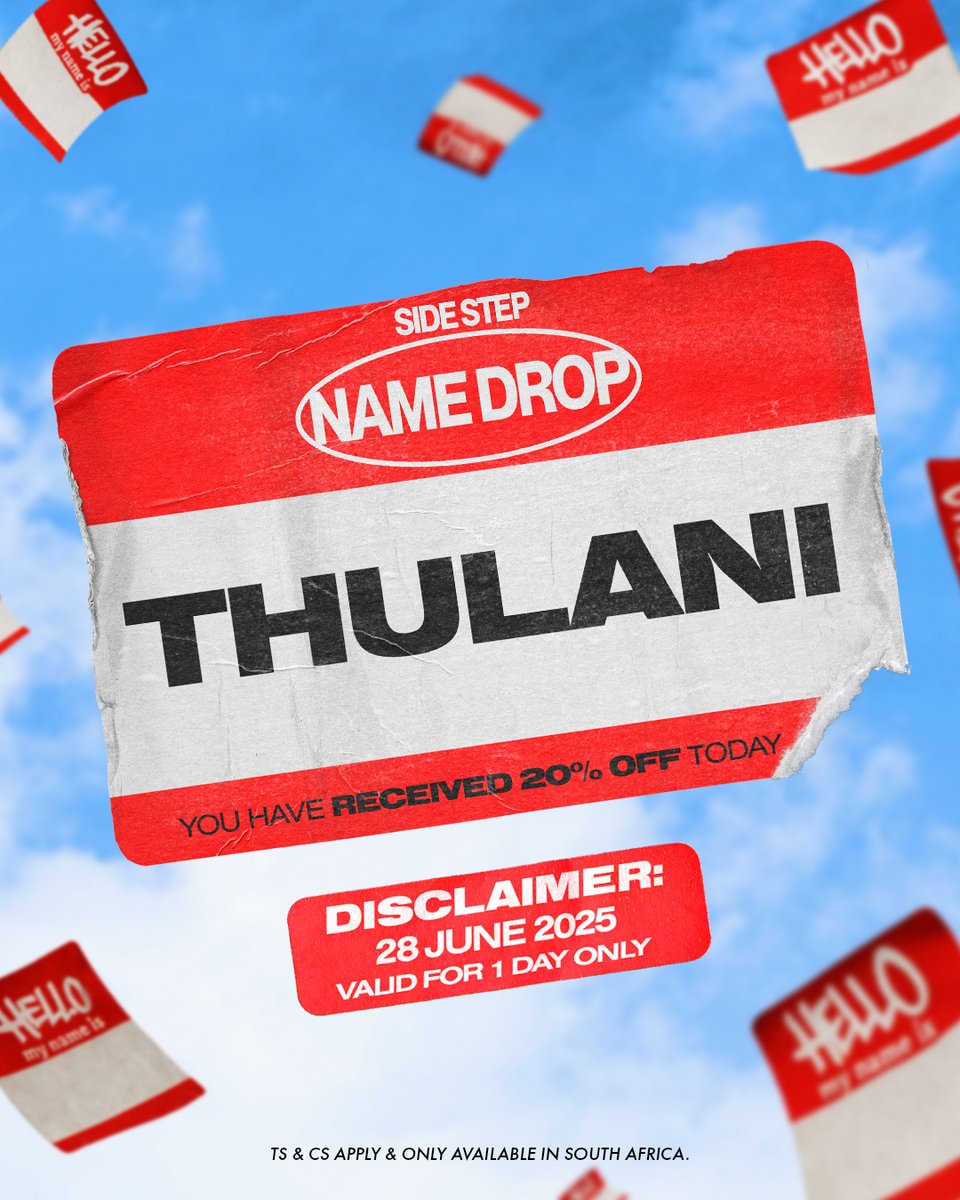 sidestep_SA's tweet image. 💥 THULANI! Ready to level up?
Drop into any Side Step store with your ID and cop 20% OFF 1 sneaker — valid TODAY only!
Don’t wait — your name, your day!
Ts & Cs apply.
#SideStepNameDrop