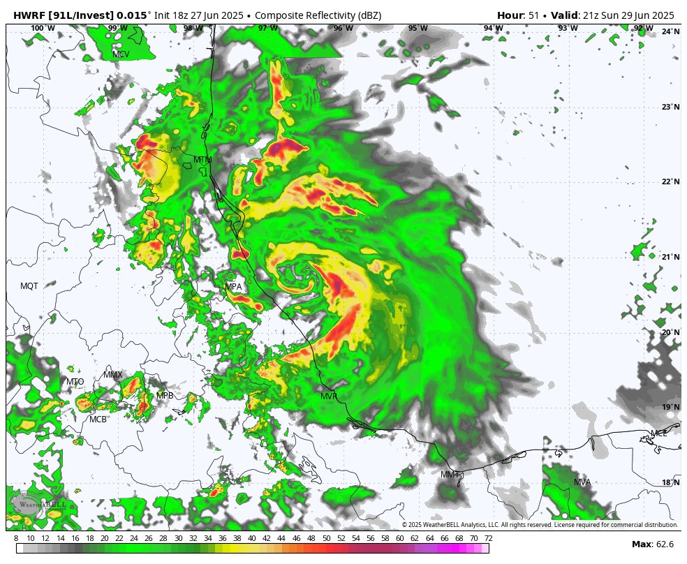 The HWRF model signals that INVEST #91L could make a run at Tropical Storm #BARRY before landfalling into Mexico on Sunday. It wouldn’t be the first time the Bay of Campeche worked its magic helping to spin up a storm.

#TropicalUpdate 🌀