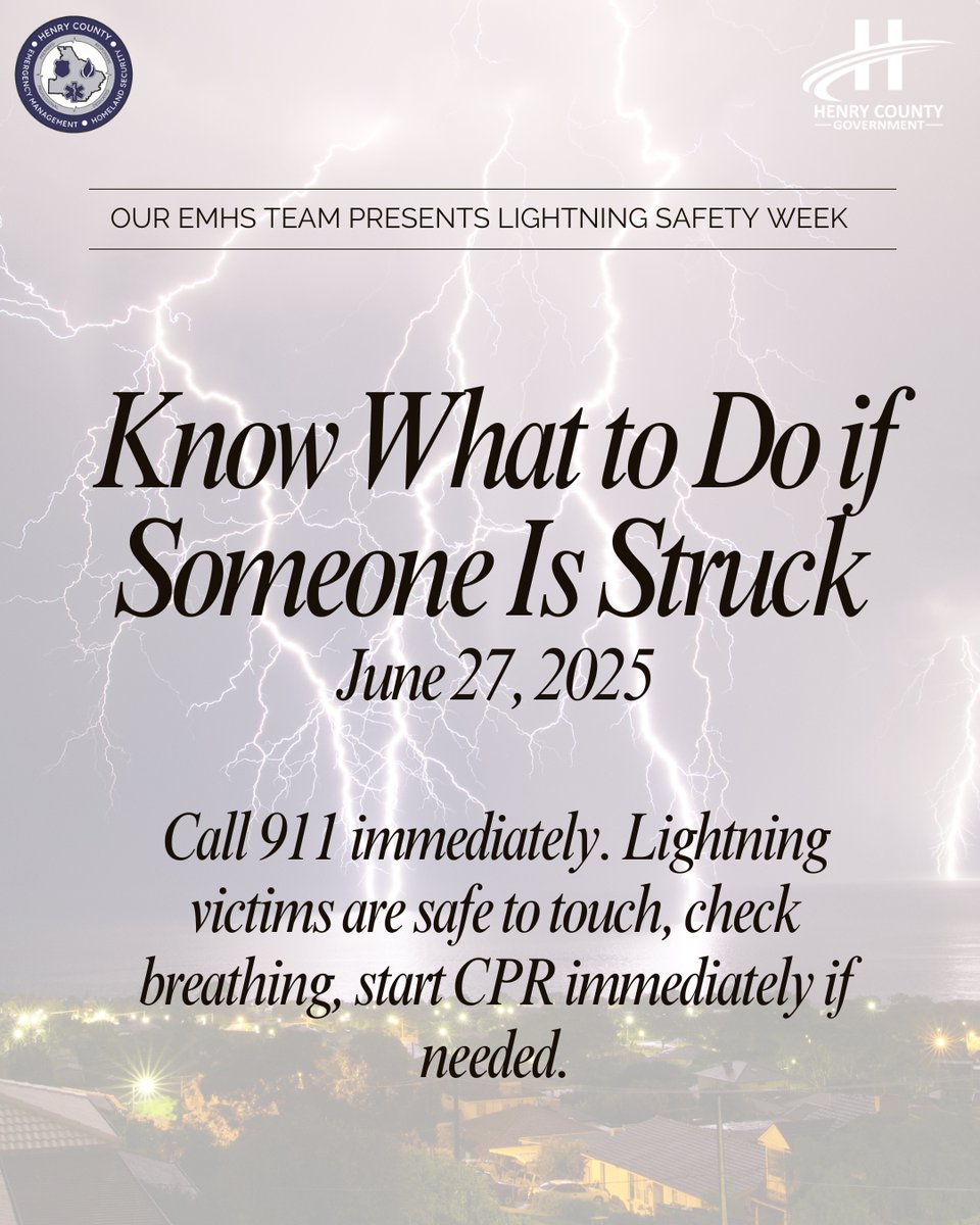 Henry Co. Emergency Management & Homeland Security (@henryco_em_hs) on Twitter photo โก๏ธ Lightning Safety Week: June 22โ28 โก๏ธ
๐
June 27: If someone is struck by lightning:
โ๏ธ Call 911
โ๏ธ Start CPR if needed (theyโre safe to touch)
โ๏ธ Move only if the area is dangerous
๐
June 28: Protect your home:
โ๏ธ Use surge protectors
โ๏ธ Stay off corded phones & plumbing
โ๏ธ โก๏ธ Lightning Safety Week: June 22โ28 โก๏ธ
๐
June 27: If someone is struck by lightning:
โ๏ธ Call 911
โ๏ธ Start CPR if needed (theyโre safe to touch)
โ๏ธ Move only if the area is dangerous
๐
June 28: Protect your home:
โ๏ธ Use surge protectors
โ๏ธ Stay off corded phones & plumbing
โ๏ธ