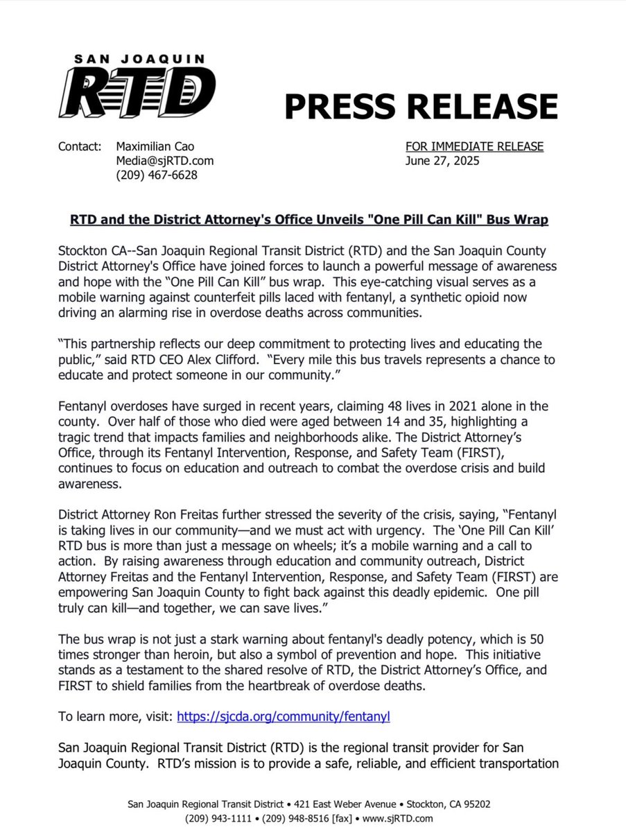 District Attorney Ron Freitas &amp; FIRST Team and San Joaquin RTD Strike Hard! 🚍 

DA Ron Freitas, alongside law enforcement partners, and RTD, unleash a fierce fight against fentanyl with a bold bus wrap. 

#OnePillCanKill #FentanylAwareness