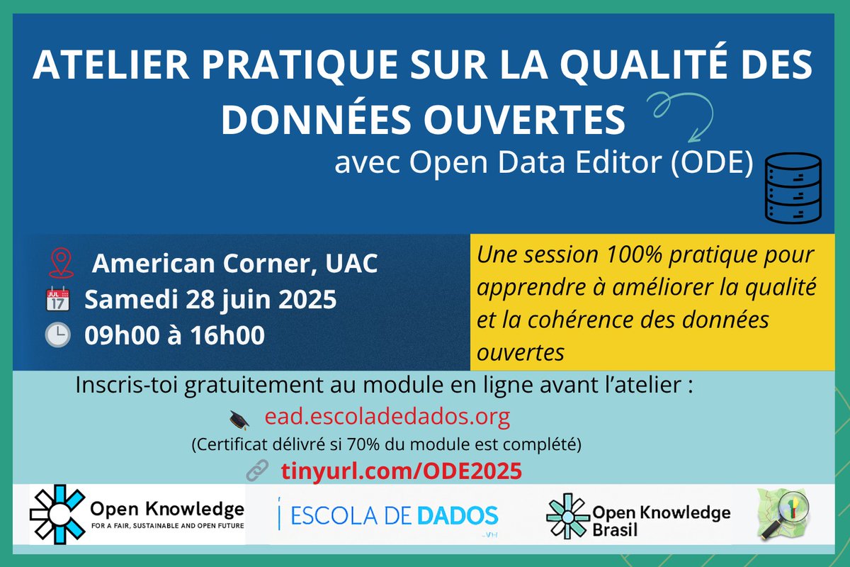 Saliou ABDOU (@absaliou) on Twitter photo Participez à notre atelier pratique sur la qualité des données ouvertes avec Open Data Editor (ODE) !
📆 Samedi 28 juin 2025
📍 American Corner, UAC
Heure: 9H
🔗 Inscription & infos👉 tinyurl.com/ODE2025
<a href="/OSMBenin/">OpenStreetMap Bénin</a> <a href="/OSM_Mali/">OpenStreetMap Mali🇲🇱</a>
<a href="/osmafrica/">OpenStreetMap Africa</a> <a href="/OSMTogo/">OpenStreetMap Togo</a> #OpenData #ODE #wasexo #team229 Participez à notre atelier pratique sur la qualité des données ouvertes avec Open Data Editor (ODE) !
📆 Samedi 28 juin 2025
📍 American Corner, UAC
Heure: 9H
🔗 Inscription & infos👉 tinyurl.com/ODE2025
<a href="/OSMBenin/">OpenStreetMap Bénin</a> <a href="/OSM_Mali/">OpenStreetMap Mali🇲🇱</a>
<a href="/osmafrica/">OpenStreetMap Africa</a> <a href="/OSMTogo/">OpenStreetMap Togo</a> #OpenData #ODE #wasexo #team229
