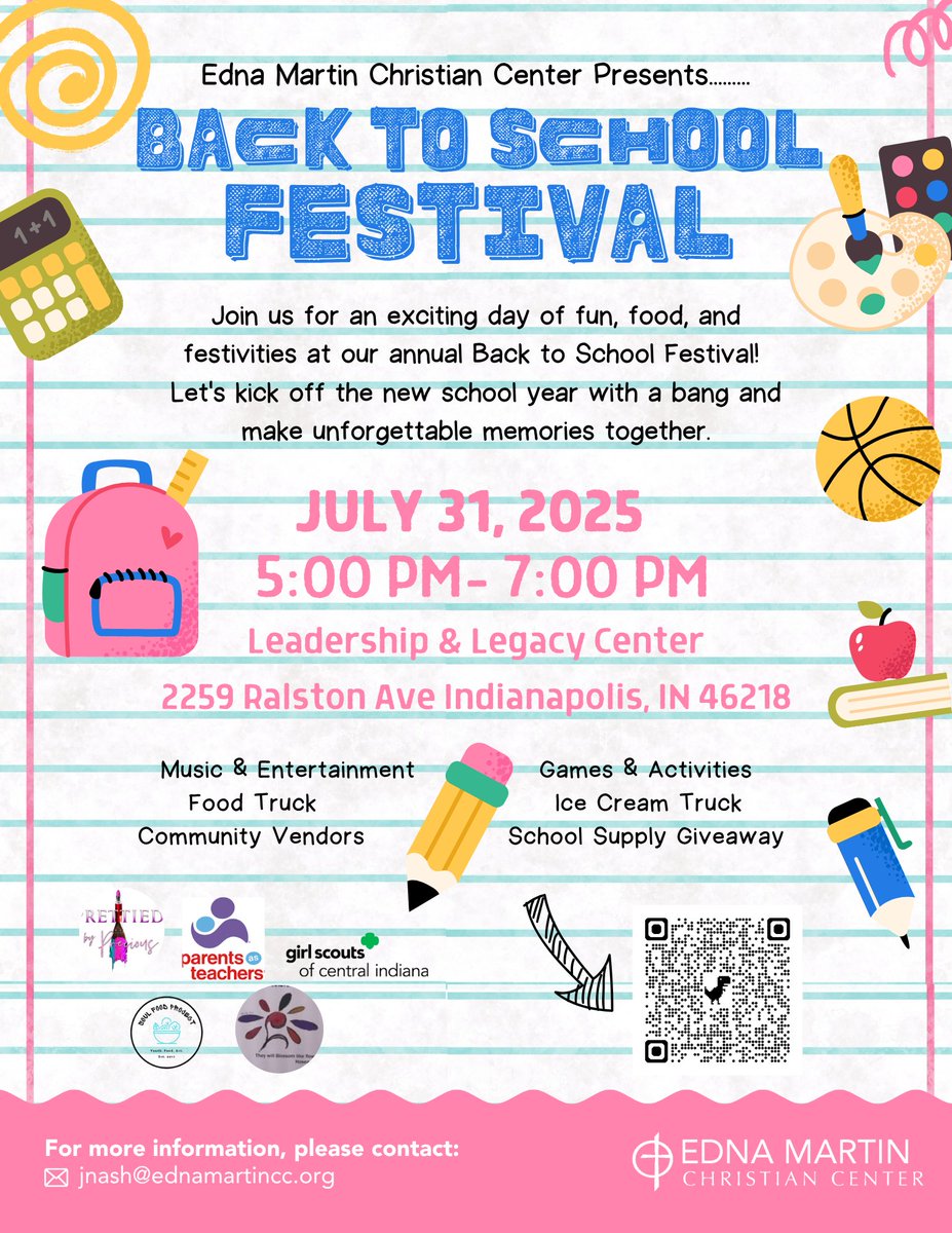 Edna Martin CC (@ednamartinctr) on Twitter photo 🎒 Don’t miss EMCC’s Back to School Festival!
📍 2259 Ralston Ave, Indy
🗓️ July 31 | ⏰ 5–7PM
🎶 Music, 🍦 ice cream, 🎒 FREE school supplies & more!
📩 jnash@ednamartincc.org
#BackToSchool #IndyEvents #EMCC 🎒 Don’t miss EMCC’s Back to School Festival!
📍 2259 Ralston Ave, Indy
🗓️ July 31 | ⏰ 5–7PM
🎶 Music, 🍦 ice cream, 🎒 FREE school supplies & more!
📩 jnash@ednamartincc.org
#BackToSchool #IndyEvents #EMCC
