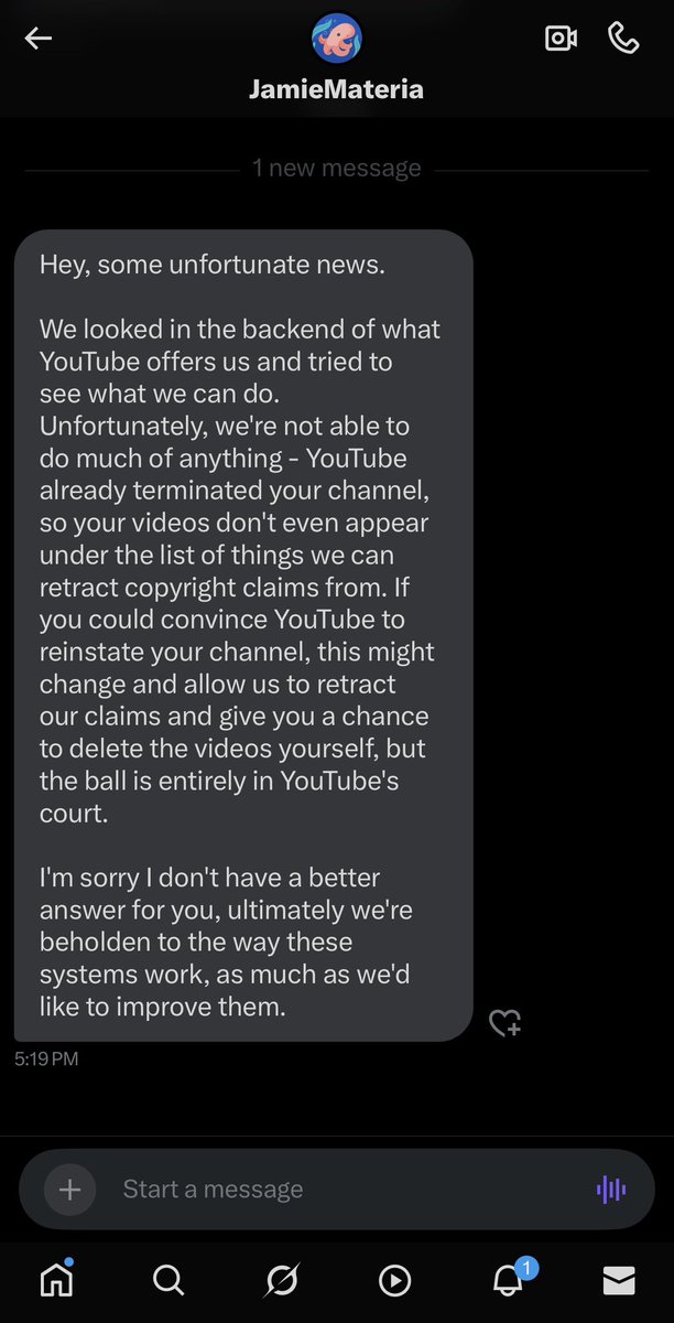 Elu! (@elutranscendent) on Twitter photo Hello, <a href="/TeamYouTube/">TeamYouTube</a> , Materia Music Inc. is trying to retract the copyright claims from my Youtube channel that resulted in strikes.
However, due to the channel already being terminated, they are unable to retract the claims.
Is it possible to reinstate my channel? Hello, <a href="/TeamYouTube/">TeamYouTube</a> , Materia Music Inc. is trying to retract the copyright claims from my Youtube channel that resulted in strikes.
However, due to the channel already being terminated, they are unable to retract the claims.
Is it possible to reinstate my channel?