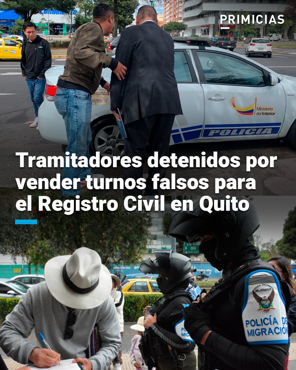 Un operativo en exteriores del Registro Civil, coordinado por varias entidades, dejó dos detenidos por vender turnos falsos y ocho notificaciones a comercios. Esto forma parte de los controles que buscan frenar a los tramitadores irregulares. prim.ec/5MSn50WhPff