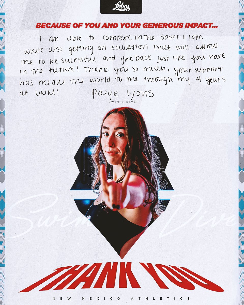 UNMLoboClub's tweet image. Because of your generosity, Paige turned passion into purpose—excelling in the pool and the classroom!
With your help, our Lobos are building bright futures, achieving big goals, and leaving their mark.
The impact is real. The success is just beginning.
#GoLobos #LoboPride