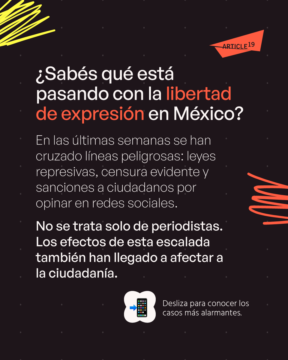 📣 ¿Sabes qué está pasando con la libertad de expresión en #México?

En las últimas semanas se han cruzado líneas peligrosas: leyes represivas, censura evidente y sanciones a ciudadanos por opinar en redes sociales.

No se trata solo de periodistas. Los efectos de esta escalada