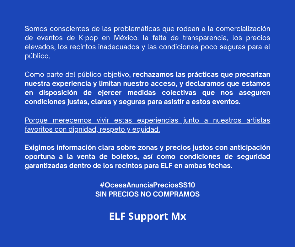 elfsupportmx's tweet image. Respecto a las fechas del #SuperShow10enMéxico: facebook.com/share/p/16TVhr… #OcesaAnunciaPreciosSS10 SIN PRECIOS NO COMPRAMOS. @ocesa_kpop @Ticketmaster_Me