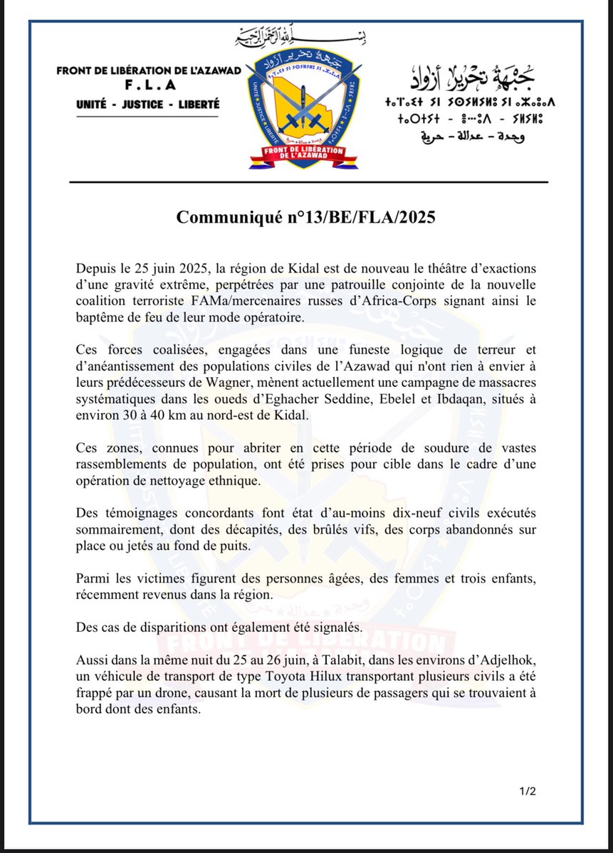 FLAZAWAD's tweet image. Communiqué relatif aux exactions commises contre des civiles par Fama et ex-Wagner dans la région de Kidal.