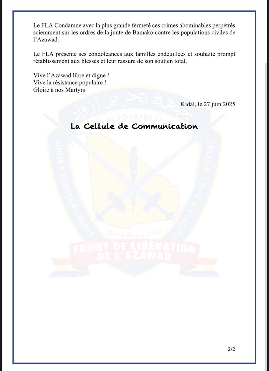 FLAZAWAD's tweet image. Communiqué relatif aux exactions commises contre des civiles par Fama et ex-Wagner dans la région de Kidal.