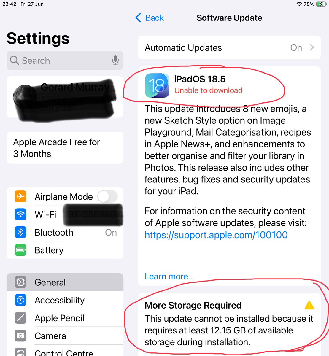 gerardmurray14's tweet image. #Apple #iPad #programmers
My iPad is some 5 years old. 32Gb memory.
How the heck does an ‘update’ need some 12Gb of my device to install ? Is it built-in redundancy? Where’s the pride and drive to ensure older devices are supported, after all, 5 year old iPad ain’t that ‘old’.
