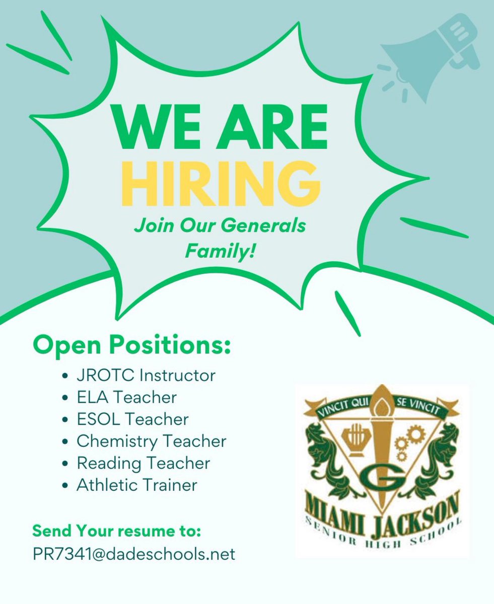 MJSeniorHigh's tweet image. Interested in working at an amazing school? Send your resume to PR7341@dadeschools.net