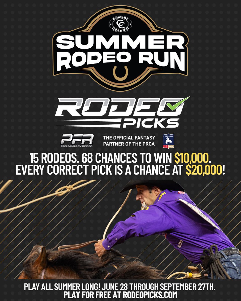 ProFantasyRodeo's tweet image. Play Summer Rodeo Run for free at RodeoPicks.com
Every round we award a Rodeo Picks Champion buckle to the player with the most correct picks.
Pick every winner in a round correctly? Win $10,000 cash!
Every correct pick = an entry into the $20,000 grand prize drawing