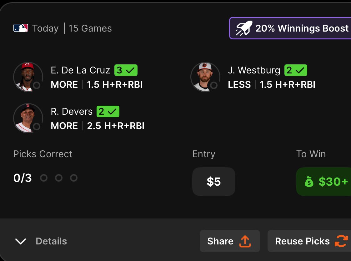 SKamp131's tweet photo. Hit my SPY puts this morning, then watched this 3-leg MLB entry cash like it was scripted by Scorsese. De La Cruz, Devers, and Westburg will come through like the financial Avengers. Iβm basically the Tony Stark of $5 parlays now. π°π₯βΎοΈ #OptionsWin #ParlaySzn #SPYcalls @Pick6 https://t.co/S5kKj3QaZp