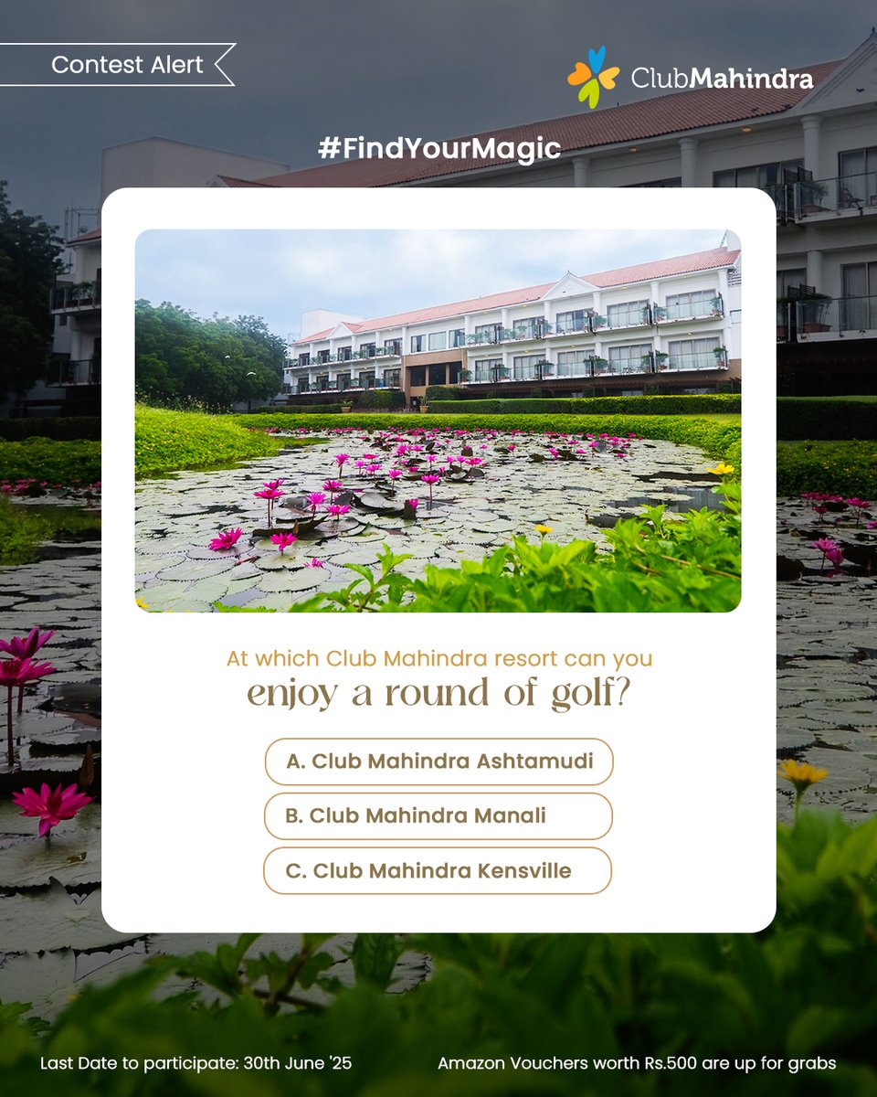 Club Mahindra (@clubmahindra) on Twitter photo #ContestAlert 11 of 11
Participate in all #FindYourMagic
STEPS
1) Comment below with your answer using #FindYourMagic and #ClubMahindra. Don’t forget to tag <a href="/clubmahindra/">Club Mahindra</a> and four of your friends – it’s mandatory!
2) Participate in all 11 contest posts. Winners get Amazon #ContestAlert 11 of 11
Participate in all #FindYourMagic
STEPS
1) Comment below with your answer using #FindYourMagic and #ClubMahindra. Don’t forget to tag <a href="/clubmahindra/">Club Mahindra</a> and four of your friends – it’s mandatory!
2) Participate in all 11 contest posts. Winners get Amazon