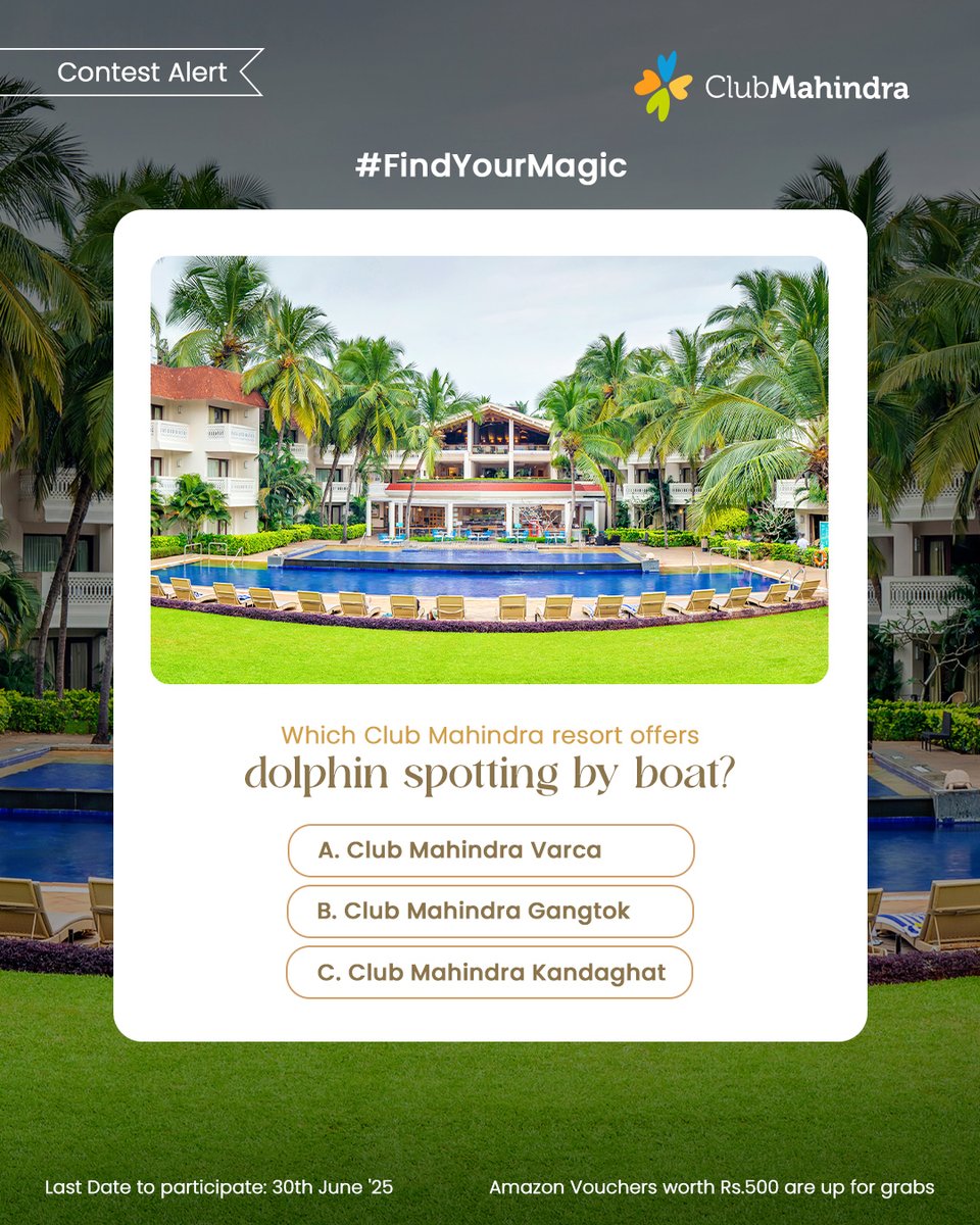 Club Mahindra (@clubmahindra) on Twitter photo #ContestAlert 9 of 11
Participate in all #FindYourMagic
STEPS
1) Comment below with your answer using #FindYourMagic and #ClubMahindra. Don’t forget to tag <a href="/clubmahindra/">Club Mahindra</a> and four of your friends – it’s mandatory!
2) Participate in all 11 contest posts. Winners get Amazon #ContestAlert 9 of 11
Participate in all #FindYourMagic
STEPS
1) Comment below with your answer using #FindYourMagic and #ClubMahindra. Don’t forget to tag <a href="/clubmahindra/">Club Mahindra</a> and four of your friends – it’s mandatory!
2) Participate in all 11 contest posts. Winners get Amazon