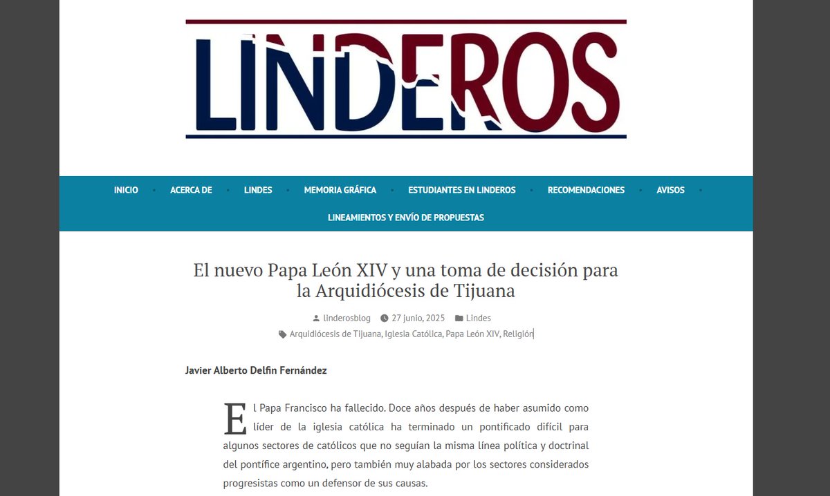 HISTORICAS_UABC's tweet image. ¡Nueva entrada de nuestro Blog Linderos! "El nuevo Papa León XIV y una toma de decisión para la Arquidiócesis de Tijuana" a cargo de Javier Alberto Delfin Fernández, estudiante de la Maestría en Historia de nuestro IIH.
linderosblog.wordpress.com/2025/06/27/el-…