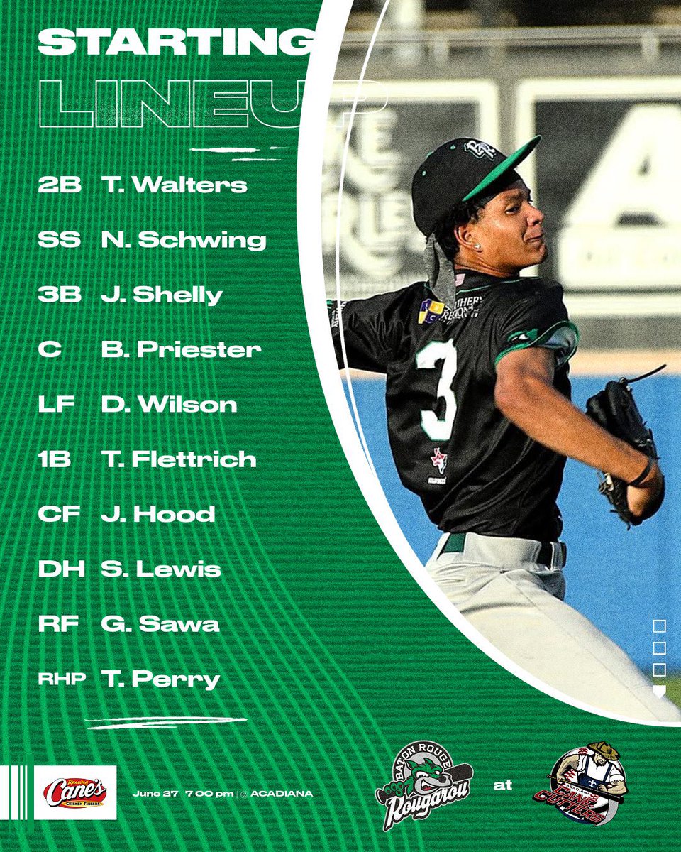 BRRougarou's tweet photo. Friday night lineup.
#BatonRougeRougarou #TCL #SummerBaseball #CollegeBaseball #TCL #AcadianaCaneCutters #RaisingCanes #BaseballLineup https://t.co/Aw1hQEEPYr