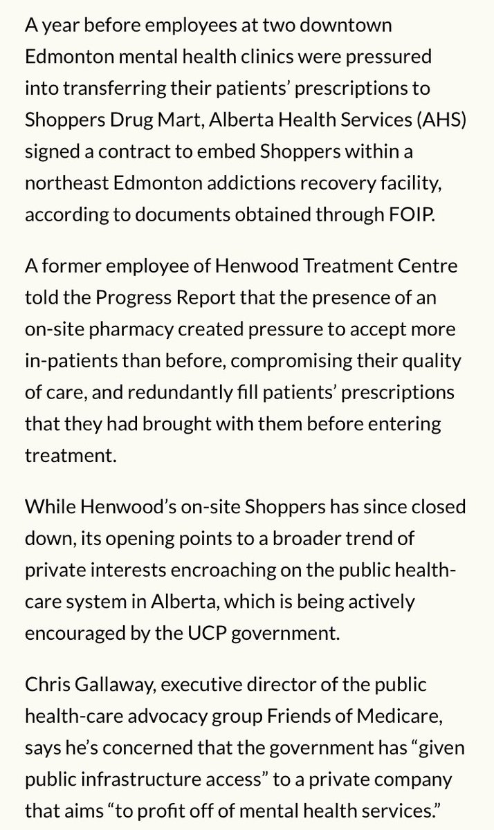 EXCLUSIVE: I FOIP'd all the contracts Alberta Health Services has signed with Shoppers Drug Mart since 2020. 

They reveal the Loblaw subsidiary's growing integration into the province's mental health and addictions care system to the detriment of patient care.