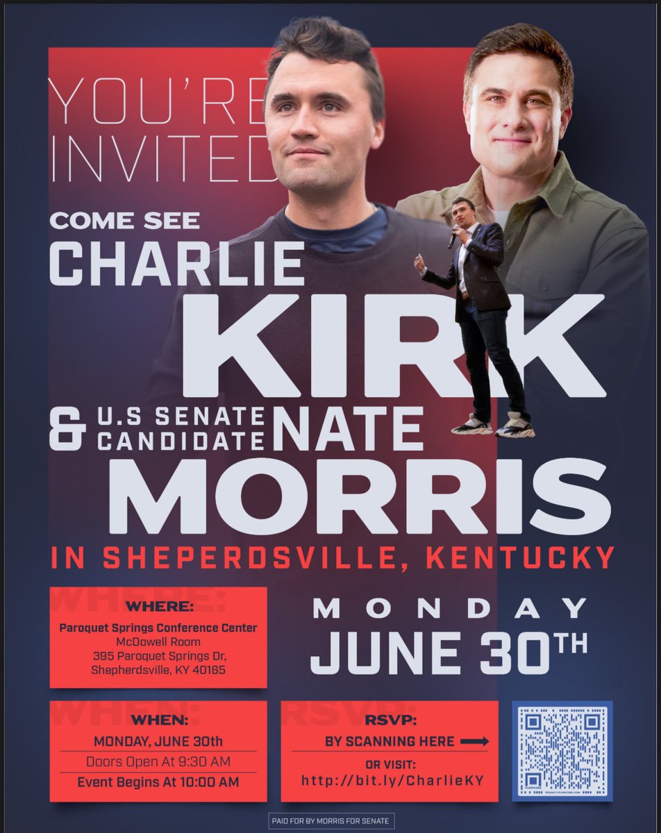 Charlie Kirk (@charliekirk11) on Twitter photo I'm so fired up about <a href="/NateMorris/">Nate Morris</a>'s campaign launch declaring war on Mitch McConnell and his proxies, that I've decided to come to Kentucky this Monday for a rally with him.
We must defeat the McConnell machine
Get your tickets and see you Monday!
eventbrite.com/e/charlie-kirk… I'm so fired up about <a href="/NateMorris/">Nate Morris</a>'s campaign launch declaring war on Mitch McConnell and his proxies, that I've decided to come to Kentucky this Monday for a rally with him.
We must defeat the McConnell machine
Get your tickets and see you Monday!
eventbrite.com/e/charlie-kirk…