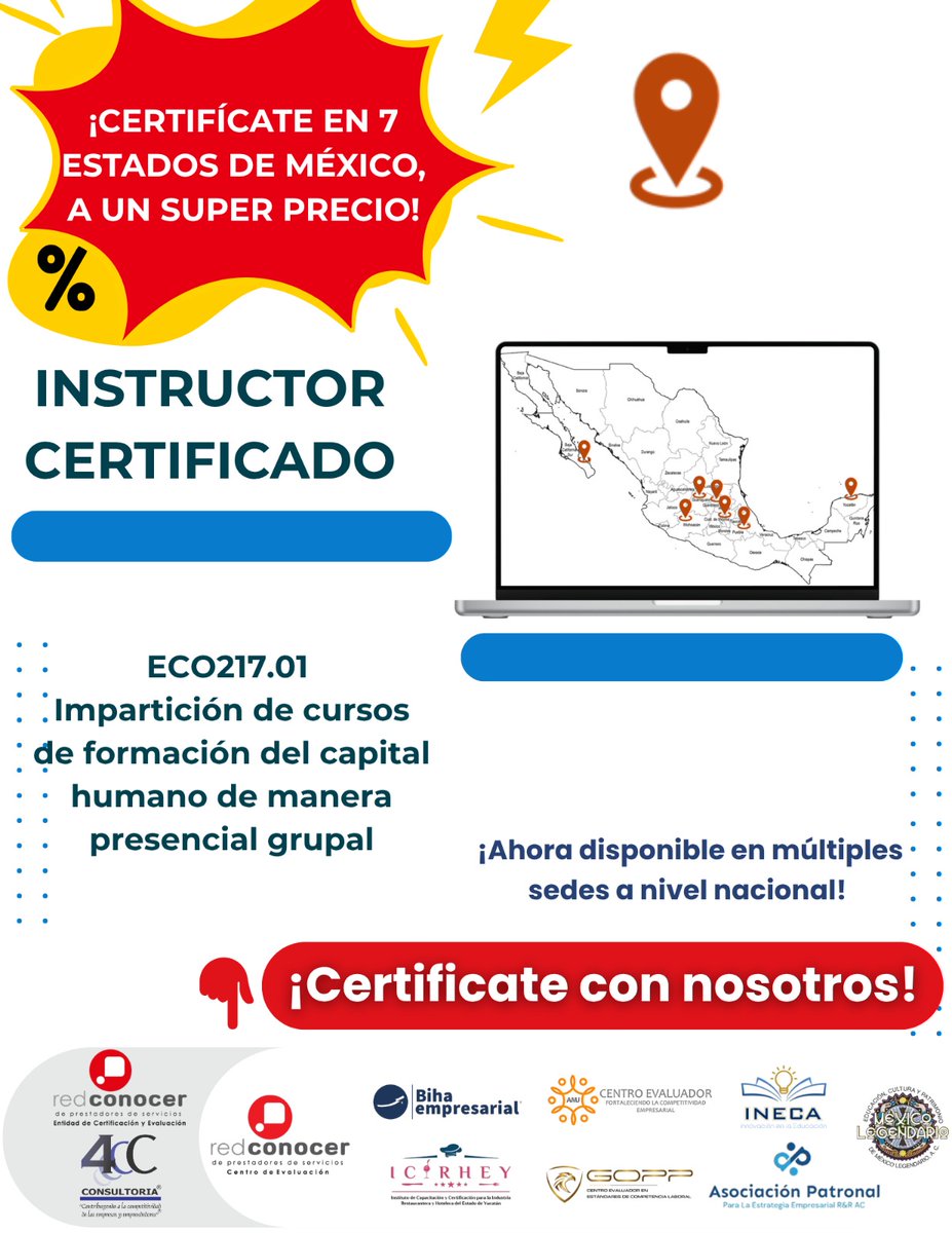AsocPatronalrs's tweet photo. 🎯 ¡CERTIFÍCATE EN MÁS DE 7 ESTADOS DE MÉXICO!
Certificación de Competencia ECO217.01
"Impartición de cursos de formación del capital humano de manera presencial grupal"
🌎 ¡Ahora disponible en múltiples sedes a nivel nacional! @4Cconsultoria https://t.co/LzVoPqGYWz