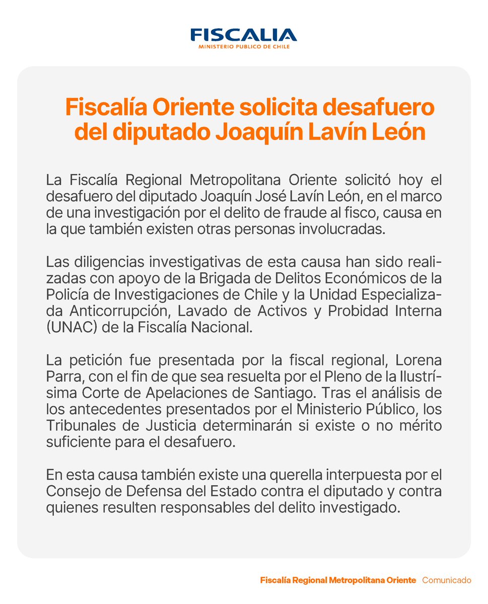 🔴 URGENTE - DÍA NEGRO PARA LA LA DERECHA, EVELYN NATTHEU Y XIMENA RINCÓN

➡️ 2 Diputados de su sector se les solicito el desafuero, ahora es turno de Joaquin Lavin León (UDI) por delitos relacionados a Fraude al Fisco

➡️ Más tarde se solicito el desafuero de Miguel Angel