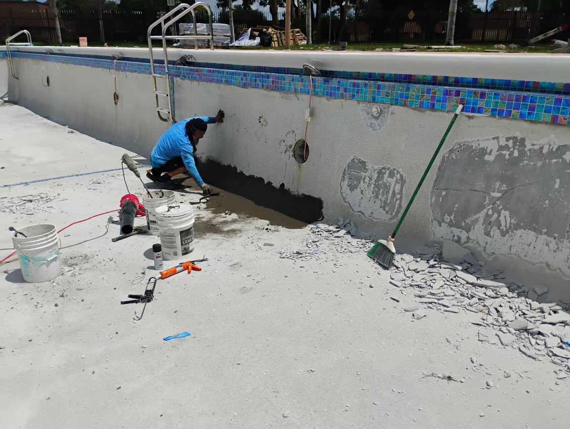 This is first time I’m doing concrete stitches on a pool. It’s an interesting technique used on structural cracks to prevent them from widening over time. The crack is grinded out and every foot perpendicular to the crack gets a metal rod placed and then it’s all hydraulic