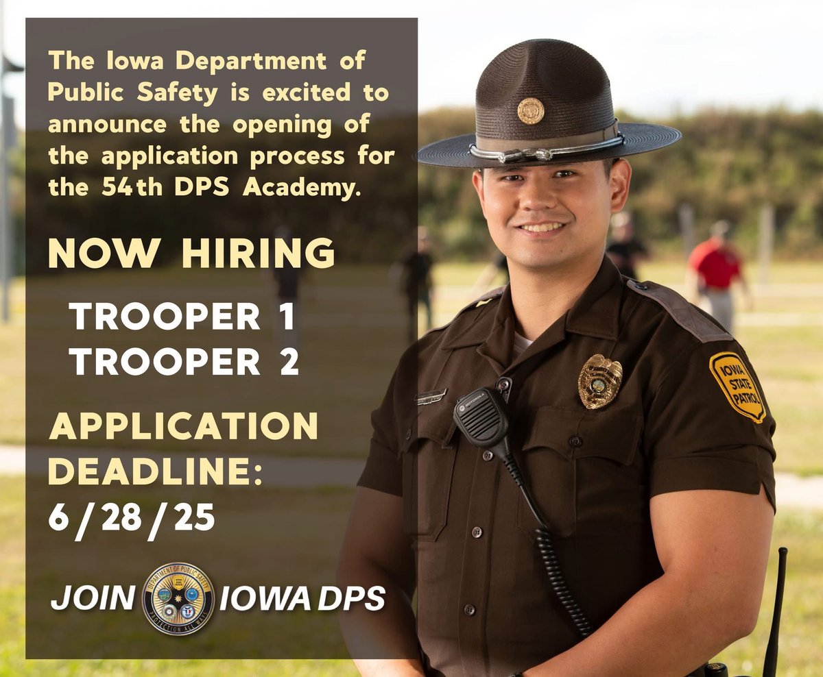 Let’s GO! ONE day left to apply &amp; become a State Trooper with the Iowa State Patrol! Don’t miss out on this chance to become a member of Iowa’s largest law enforcement agency. 

Apply now: dpscareers.com 

#JoinIowaDPS