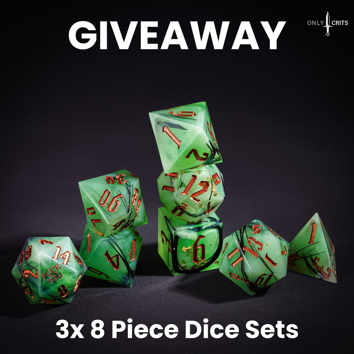 Only Crits (@critsonly) on Twitter photo 💀 FUCK DICE 2.0 GIVEAWAY 💀
We’re giving away 3 - 8 Piece Dice Sets to celebrate Fuck Dice 2.0 crossing $50K on Kickstarter!
HOW TO ENTER:
1️⃣ Follow <a href="/CritsOnly/">Only Crits</a>
2️⃣ Like this post
3️⃣ Retweet
4️⃣ Tag a friend & comment your top 2 favorite sets from this campaign
🔥 Bonus 💀 FUCK DICE 2.0 GIVEAWAY 💀
We’re giving away 3 - 8 Piece Dice Sets to celebrate Fuck Dice 2.0 crossing $50K on Kickstarter!
HOW TO ENTER:
1️⃣ Follow <a href="/CritsOnly/">Only Crits</a>
2️⃣ Like this post
3️⃣ Retweet
4️⃣ Tag a friend & comment your top 2 favorite sets from this campaign
🔥 Bonus