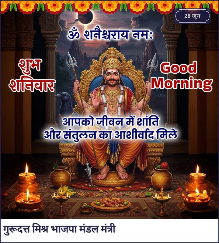 ॐ शनिश्चराय नमः 🥀 🙏 सनातन मित्रों शुभ सवेरा 🥀 🙏 नमस्ते कोणसंस्‍थाचं पिंगलाय नमो एक स्तुते।।नमस्ते बभ्रूरूपाय कृष्णाय च नमो ए स्तुत नमस्ते रौद्रदेहाय नमस्ते चांतकाय चनमस्ते यमसंज्ञाय नमस्ते सौरये विभो