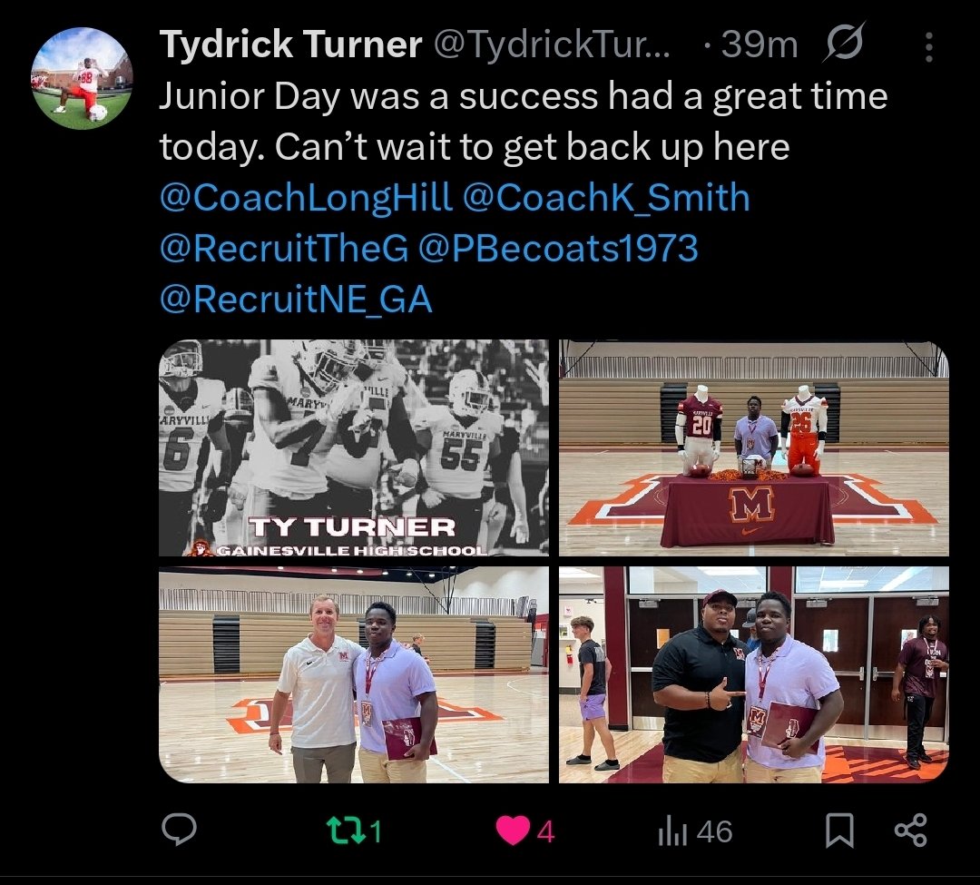 Coach Phyllip (@pbecoats1973) on Twitter photo Big shout out to my guy <a href="/TydrickTurner/">Tydrick Turner</a> glad you had a good visit at Maryville College. Wishing you much success on your journey to the next level and don't ever forget someone is always watching 💪🏿💪🏿💯💯 <a href="/RecruitNE_GA/">RecruitNE_GA</a> Big shout out to my guy <a href="/TydrickTurner/">Tydrick Turner</a> glad you had a good visit at Maryville College. Wishing you much success on your journey to the next level and don't ever forget someone is always watching 💪🏿💪🏿💯💯 <a href="/RecruitNE_GA/">RecruitNE_GA</a>