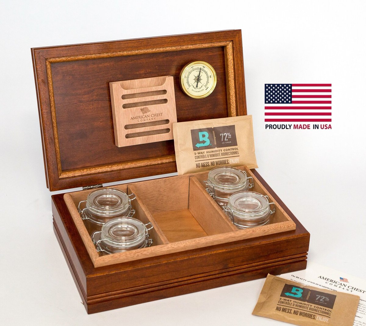 Introducing the WoodTop CannBisDor Humidor: a masterpiece of solid maple with a Heritage Cherry finish. Features BOVEDA humidification, dividers, apothecary vessels, Spanish cedar &amp; analog hygrometer. Amish craftsmanship from the USA! #BarCraftersBoutique #CannabisAccessories