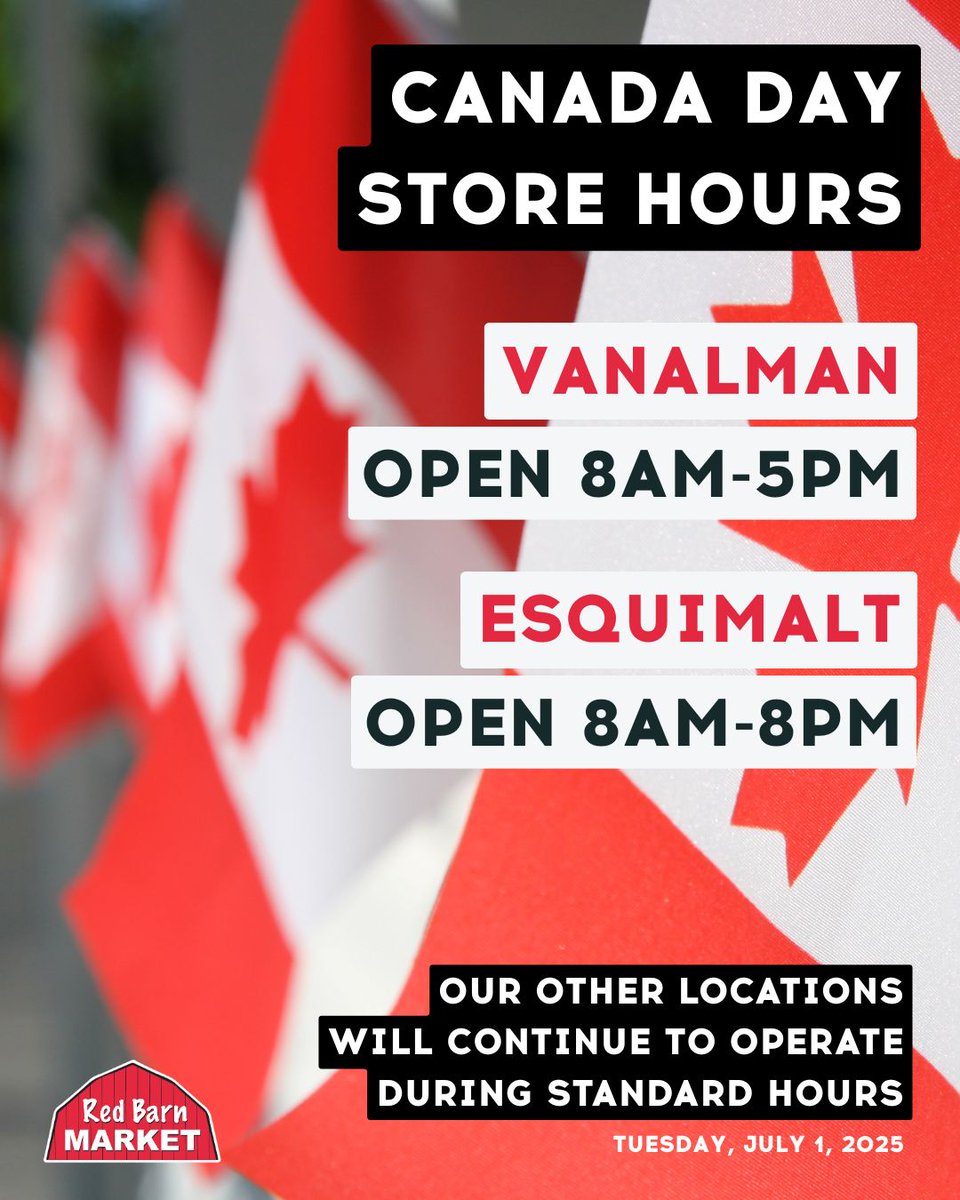 Heads up! Vanalman and Esquimalt will have alternate hours for the Canada Day holiday this Tuesday, July 1st. All other locations will be open as usual! 🇨🇦

Vanalman: Open 8AM-5PM
Esquimalt: Open 8AM-8PM