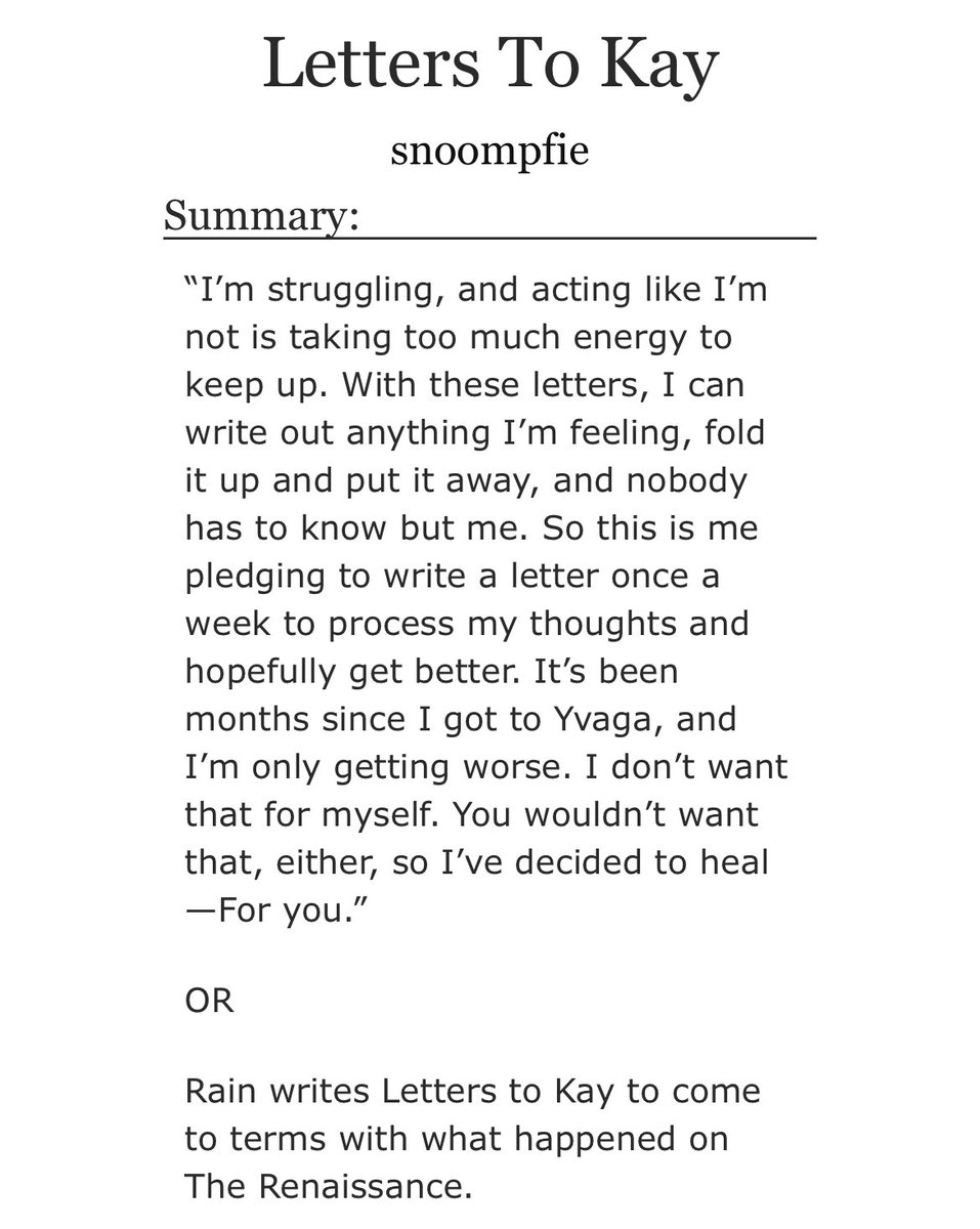 snoompfie's tweet image. i posted the first chapter to my rainkay fic, ‘letters to kay’!! it’s ongoing with no set amount of chapters yet, but i’m excited to explore what i have in mind for rain and kay. i miss them 😭😭
let me know what you think!!
archiveofourown.org/works/66907753