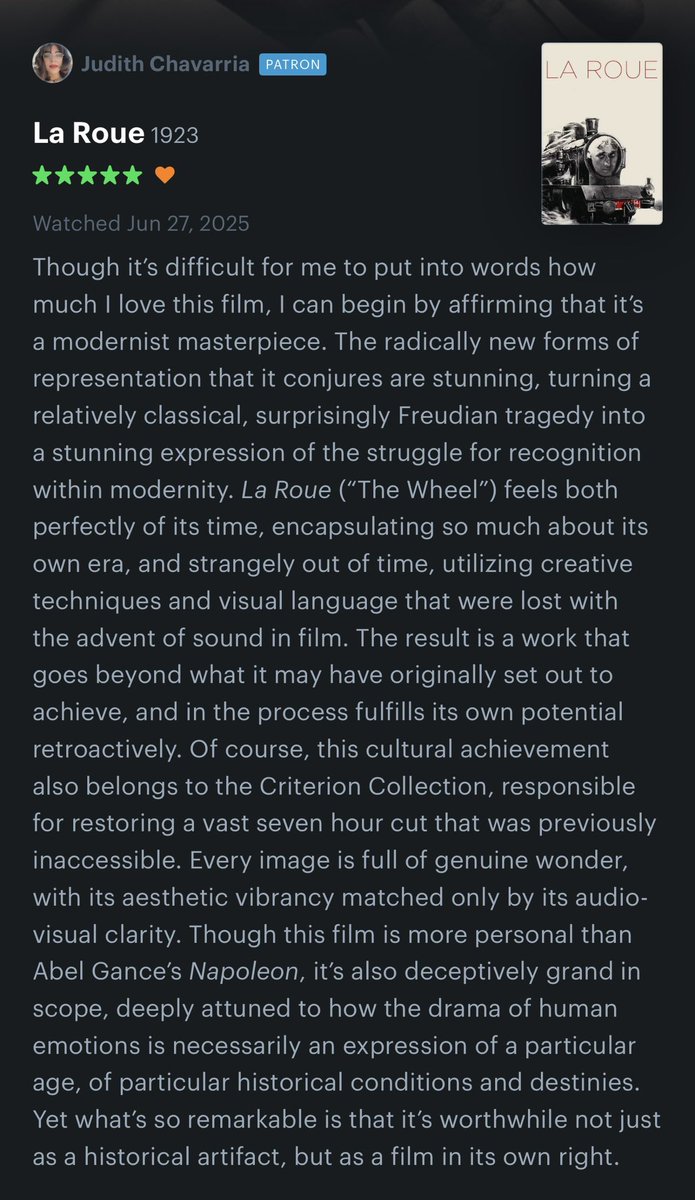 I’m usually weary of sharing Letterboxd reviews on here, but I’m posting this one because I genuinely believe that everyone who cares even a little bit about film and cultural history should watch “La Roue,” which moved me for a lot of reasons both in the film and beyond it. 🚂