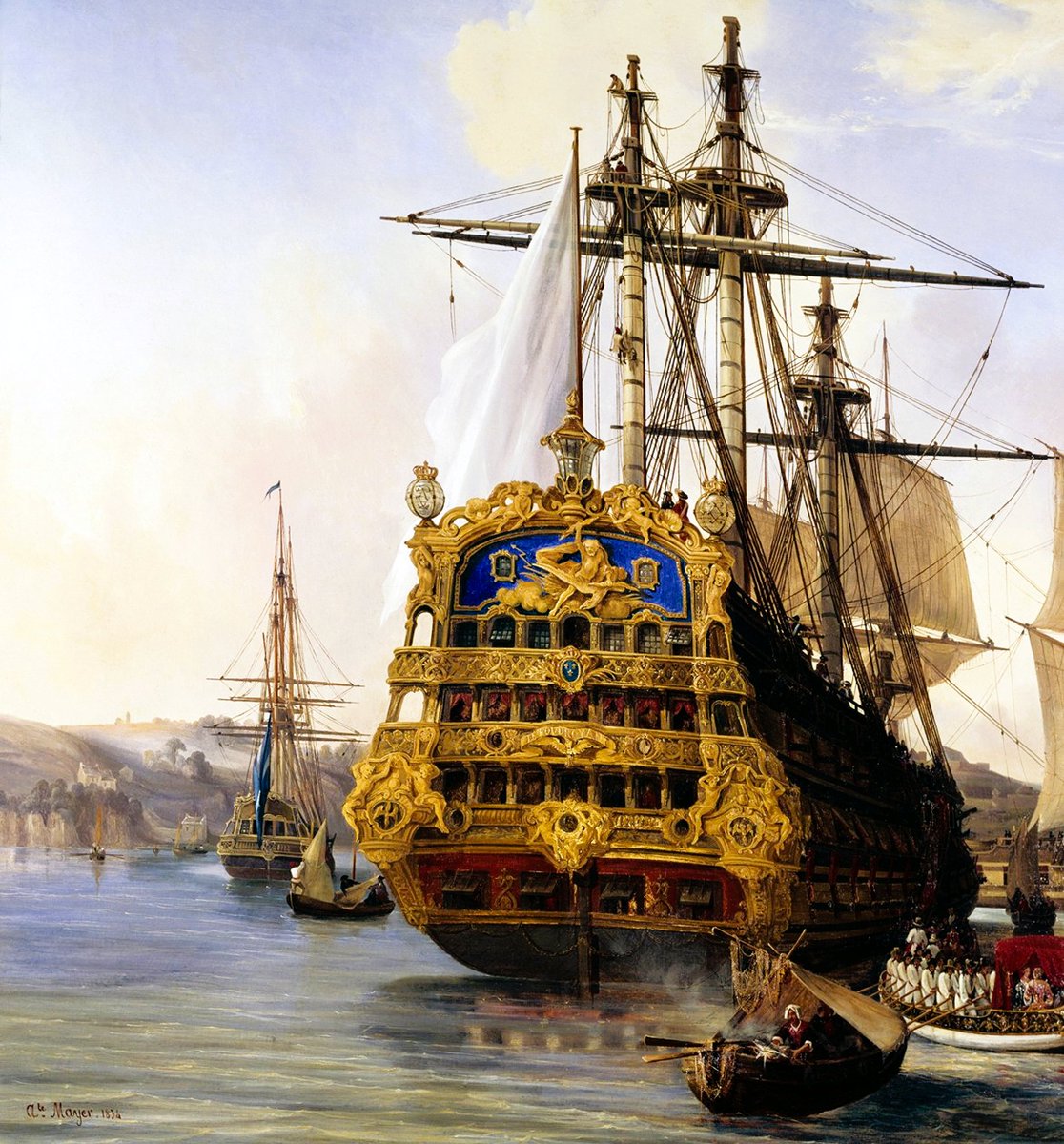 Auguste Étienne François Mayer,  1805 – 1890,  French painter;  French ship Foudroyant in 1724 - The ship “Le Foudroyant” in the port of Brest in 1724