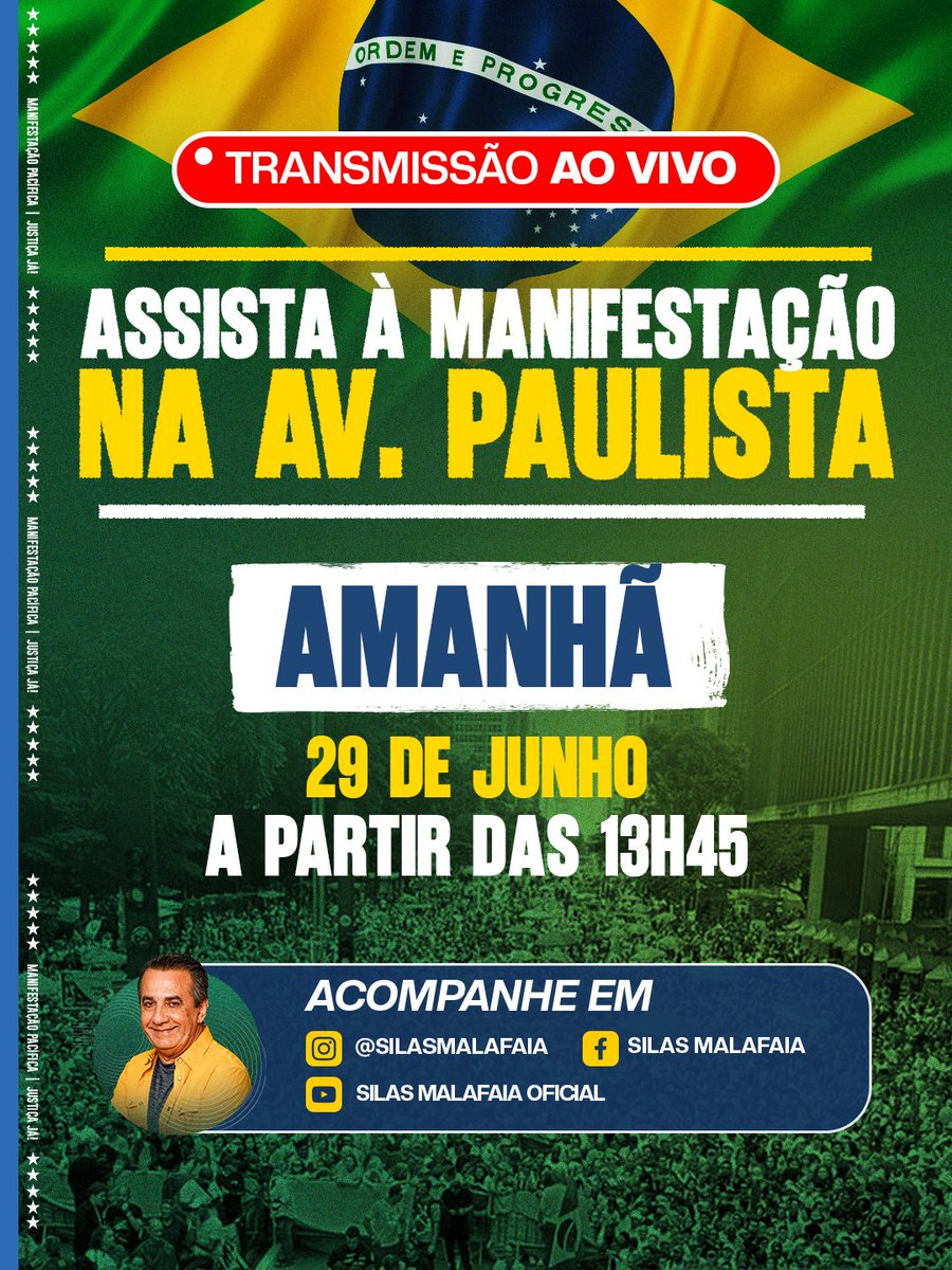 Povo abençoado do Brasil, a manifestação de amanhã, dia 29, na Av. Paulista, será transmitida ao vivo nas minhas redes sociais, a partir das 13h45. Divulgue e não perca!