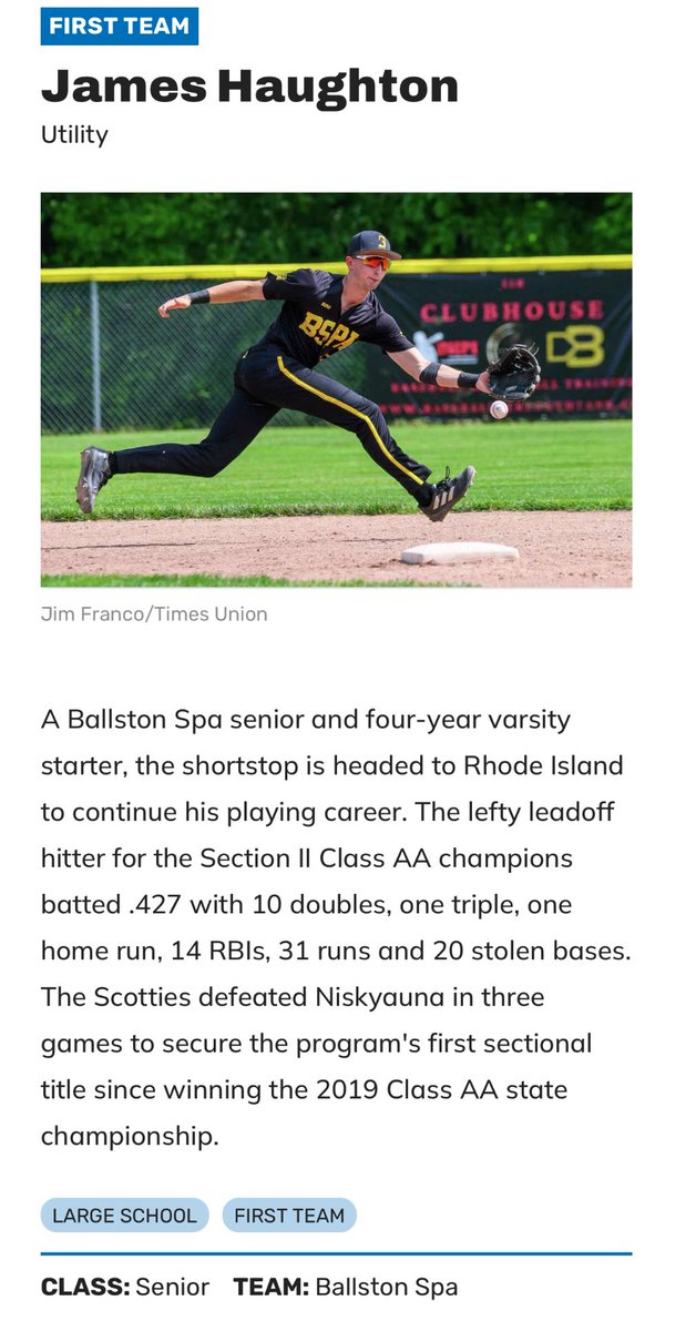 Ballston Spa Scotties Baseball (@bspadiamonddawg) on Twitter photo Congrats <a href="/HotalingJameson/">Jameson Hotaling</a> and <a href="/James__haughton/">James Haughton</a> for being named as Times Union First Team All-Stars.
Thanks to James Allen <a href="/TUSidelines/">James Allen</a> for the coverage this season.
<a href="/B_Spa_Athletics/">B'Spa Athletics</a> <a href="/BSPAHS/">BSPAHS</a> <a href="/FrankRossi/">Frank Rossi</a> Congrats <a href="/HotalingJameson/">Jameson Hotaling</a> and <a href="/James__haughton/">James Haughton</a> for being named as Times Union First Team All-Stars.
Thanks to James Allen <a href="/TUSidelines/">James Allen</a> for the coverage this season.
<a href="/B_Spa_Athletics/">B'Spa Athletics</a> <a href="/BSPAHS/">BSPAHS</a> <a href="/FrankRossi/">Frank Rossi</a>